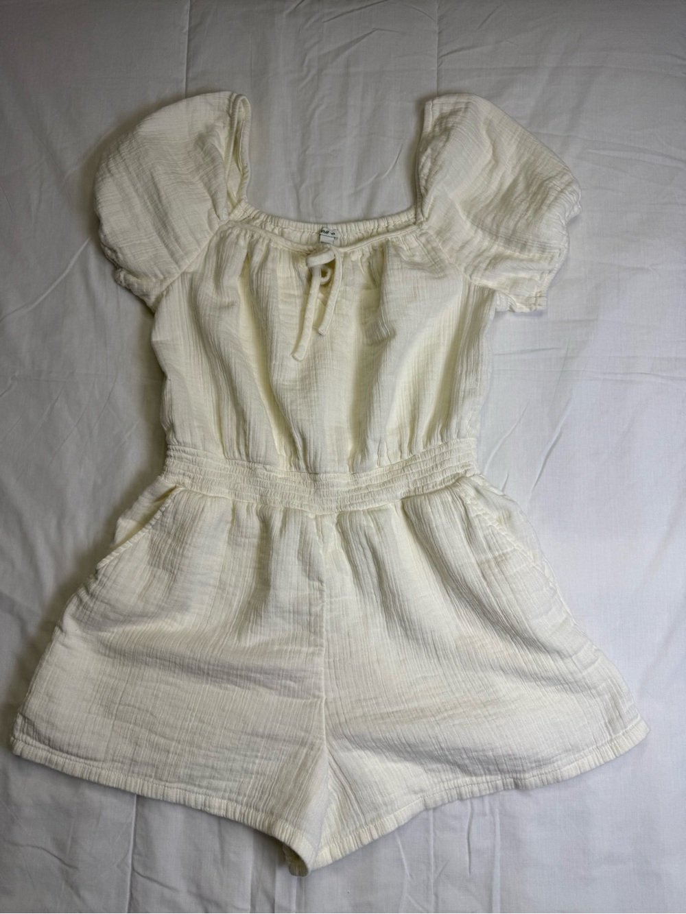 Aerie Women's White Cotton Square Neck Tie Front Puff Sleeve Romper M